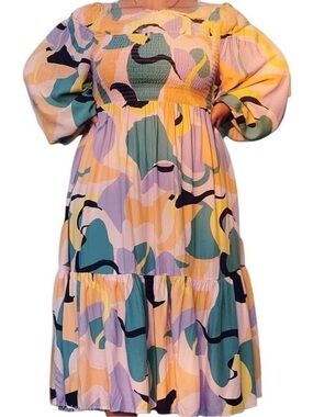 Eloquii Multicolored Abstract Pastel Smock OffShoulder Boho Maxi Summer Dress-14